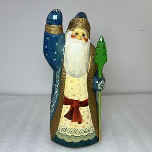 Vtg Russian Father Frost Hand Carved Painted Santa Holding Staff  9" Xmas Decor